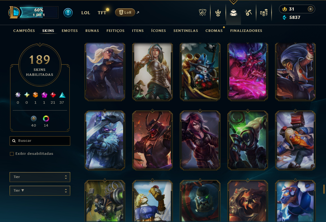 Conta LOL sem jogar rank desde 2020. Várias skins e campeões habilitados