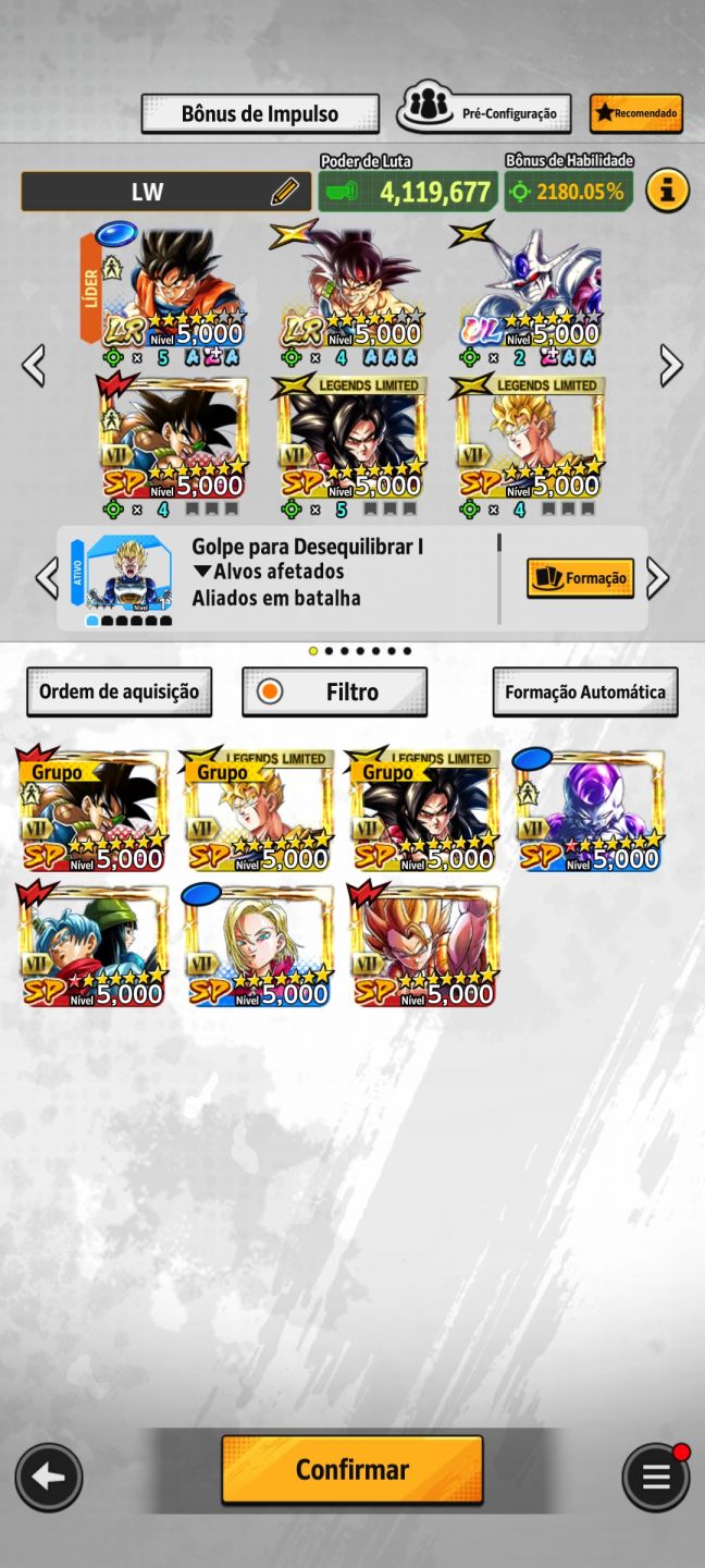 Conta de dragon ball legend com os novos personagens e outros