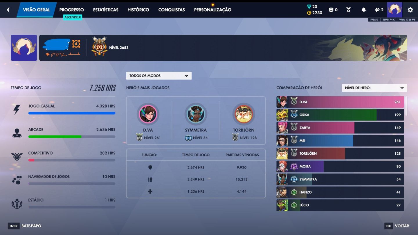Conta Overwatch com 7mil horas com muitas skins!