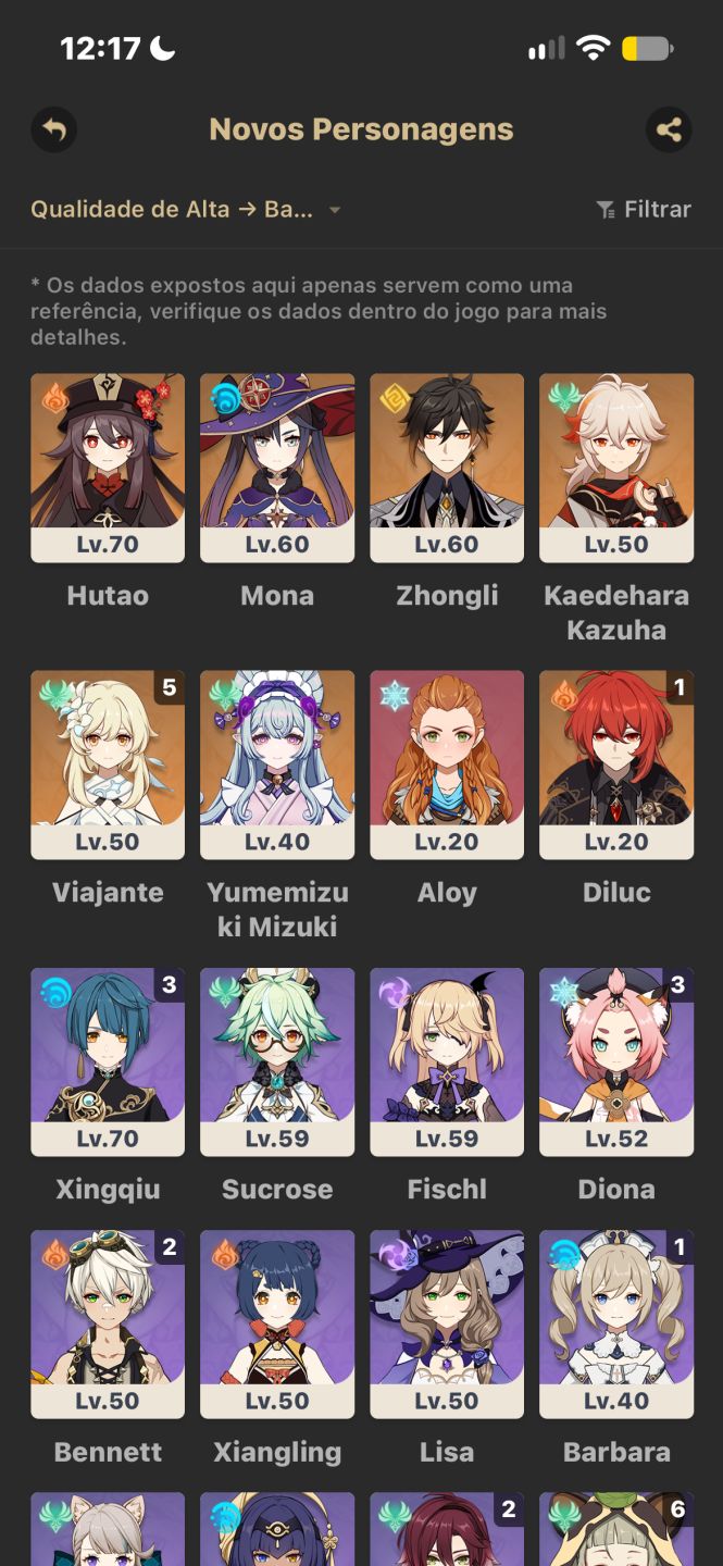 Conta de Genshin AR42 + HUTAO + KAZUHA + ZHONGLI + MIZUKI