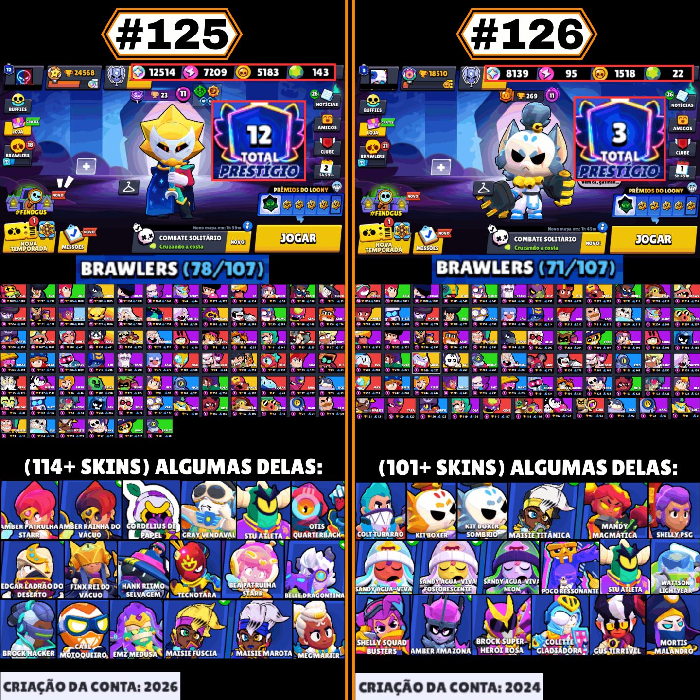 CONTAS BRAWL STARS | LENDÁRIOS, HIPERCARGAS, SKINS RARAS, P11, GEMAS, TROFÉUS