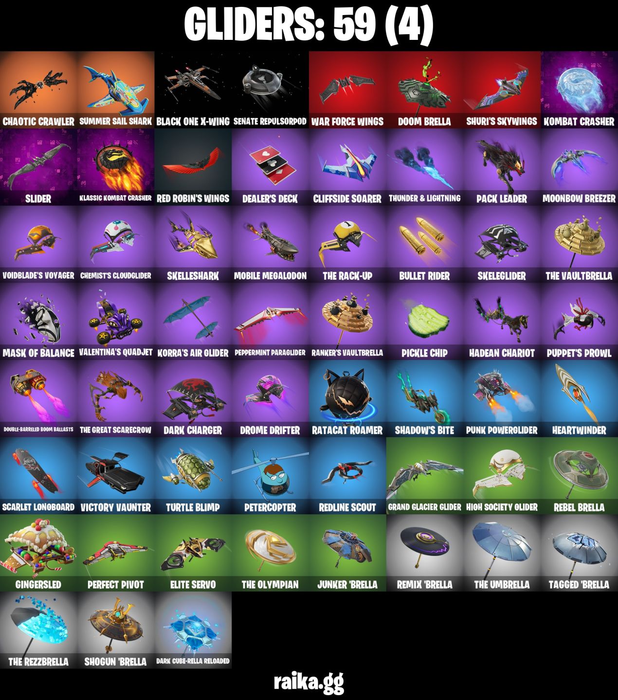 59 Skins - Solid Snake, Peter Griffin, Ghost Rider, Santa Dogg, 50 vbucks