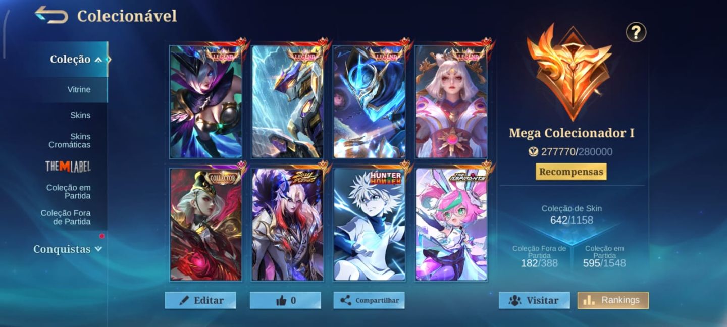 CONTA GOD TIER MLBB QUASE COLECIONADOR SKINS RARAS + ELO IMORTAL WR 70