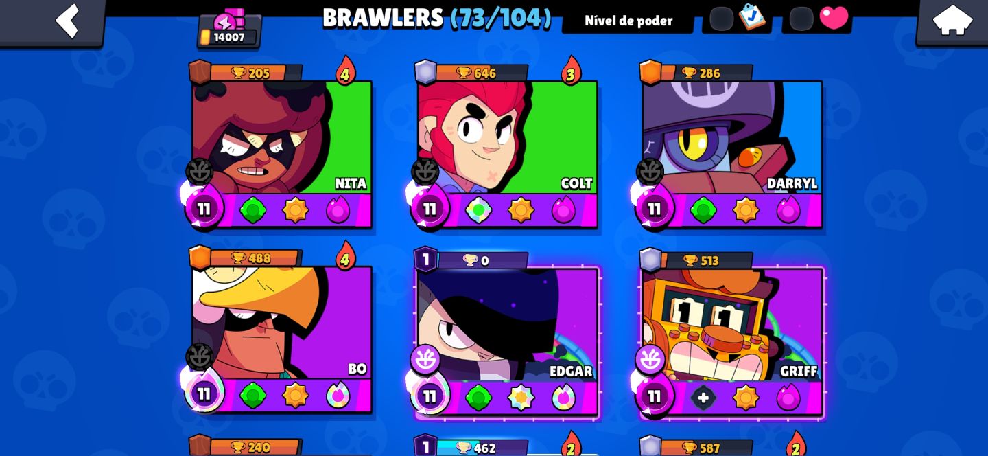Conta de Brawl Stars com 14000 Troféus, 76 brawlers e 30 hipercargas
