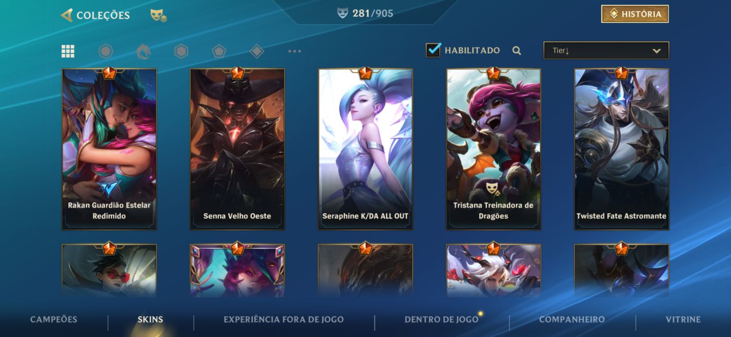 CONTA WILD RIFT COM 281 Skins, Challenger uma vez e tem 344 moedas laranjas