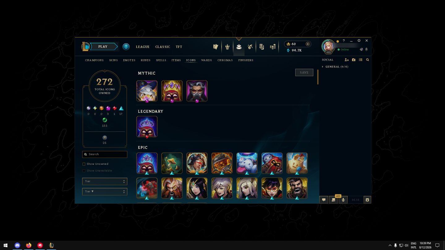 CONTA LOL - 168 SKINS | LVL 492 - 8 legendarys - 68 epics - 33 chromas
