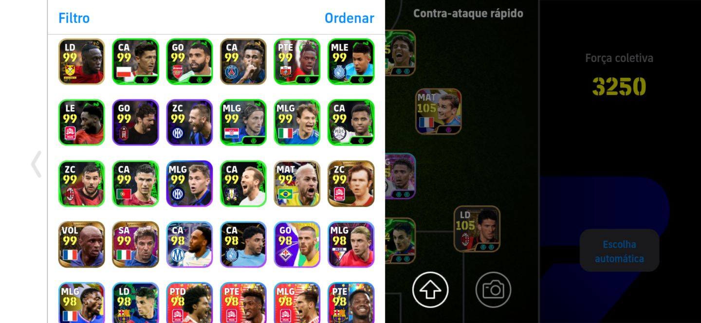 Conta top de efootball mobile com Shevchenko, Kaká e Bellingham.
