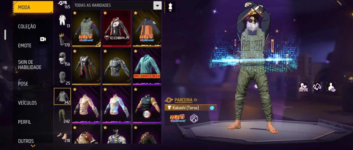 Conta de FF prime 7 com NARUTO, pé descalço, sombra roxa e jazz clássico