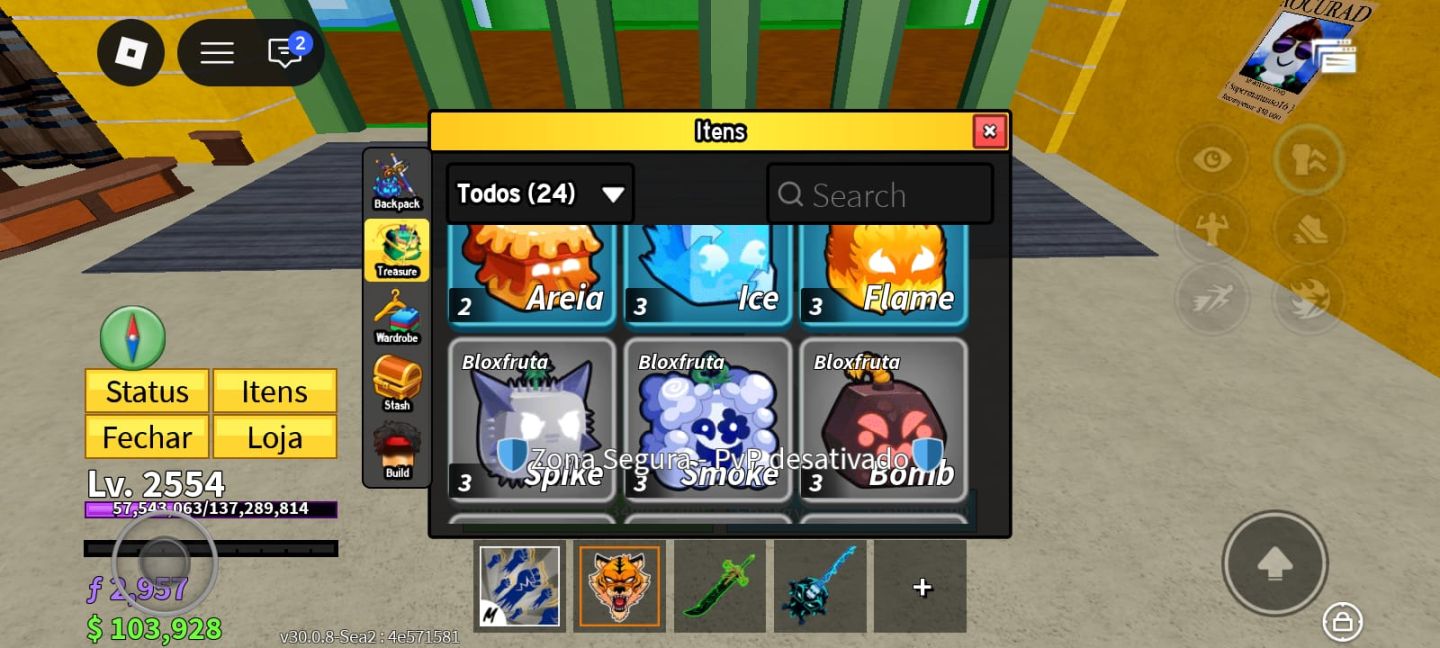 Blox Fruits LV 2554 + Fruta TigerMítica + 2 Kitsune + Venom + Dark Dager yoru v2