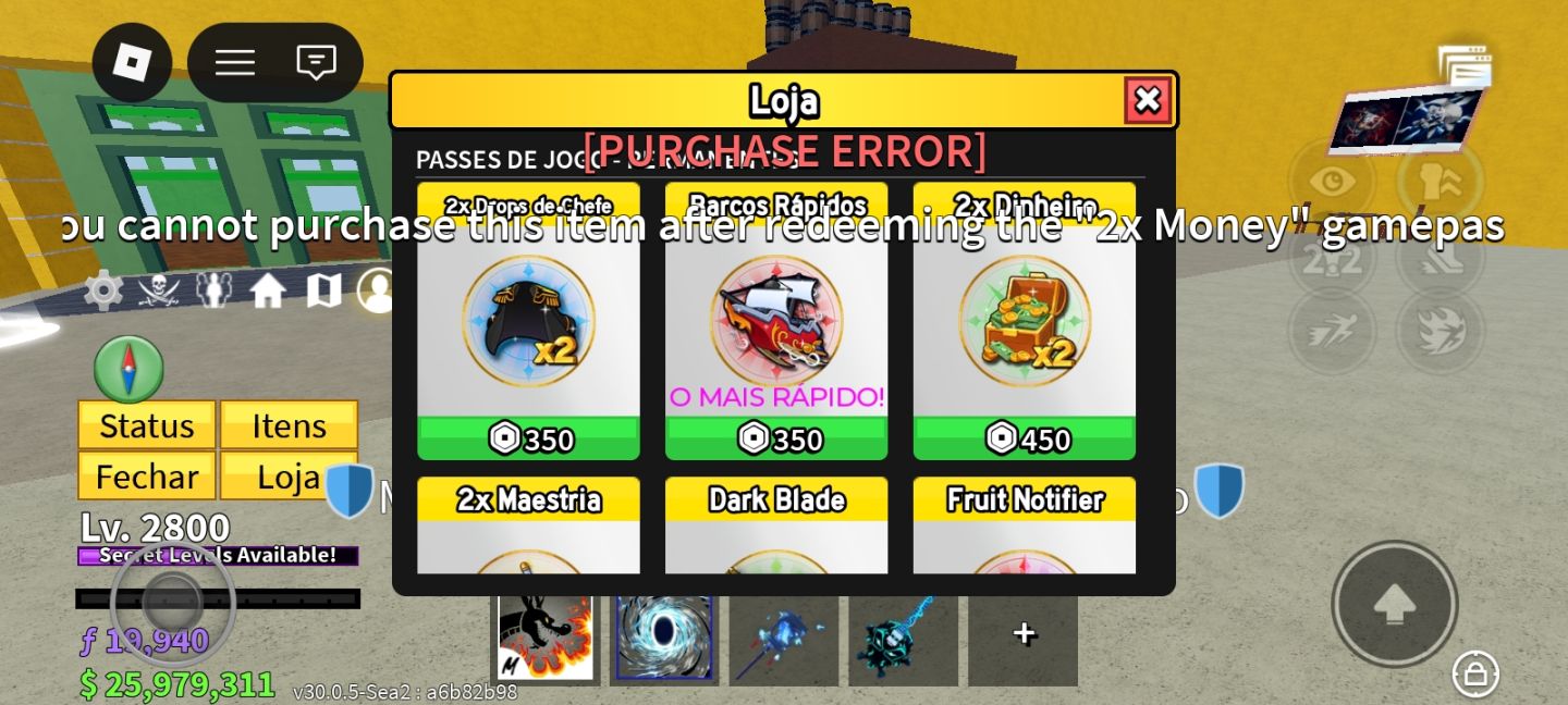 CONTA BLOX FRUITS LV 2800 + PERMANENTES + 6 MÍTICAS NO INVENTÁRIO