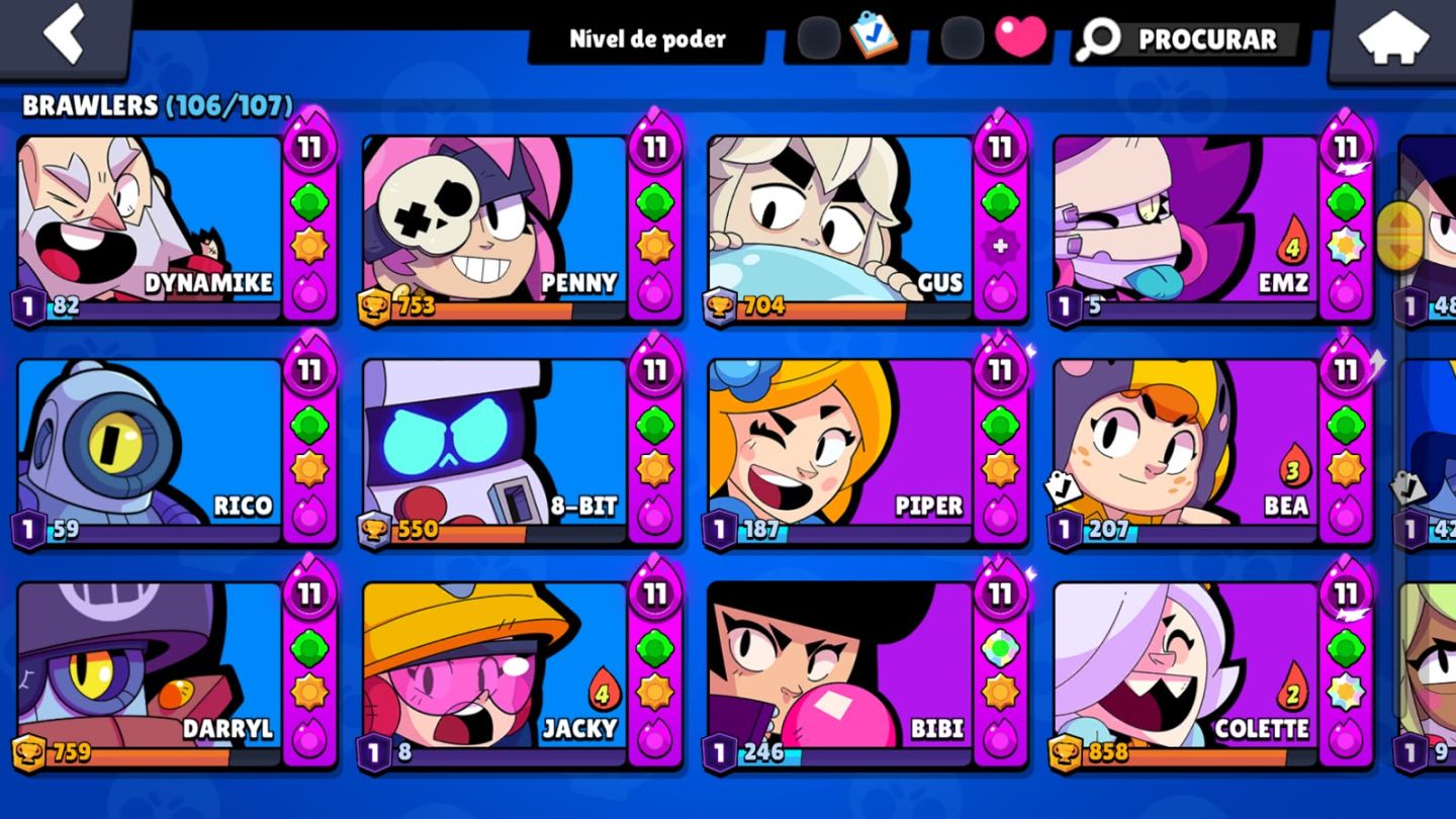 CONTA BRAWL STARS | 106/107 BRAWLERS | 68.996 TROFÉUS | MTS BRAWLERS PDR 11