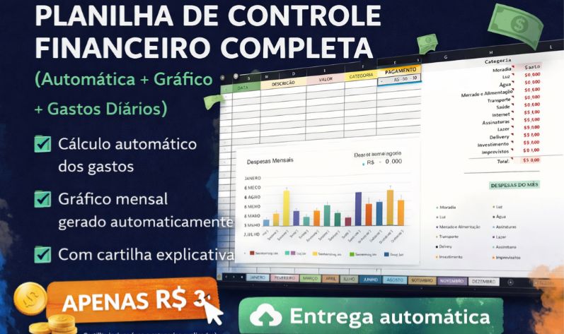 Planilha de Controle Financeiro Completa (Automática + Gráfico + Gastos Diários)