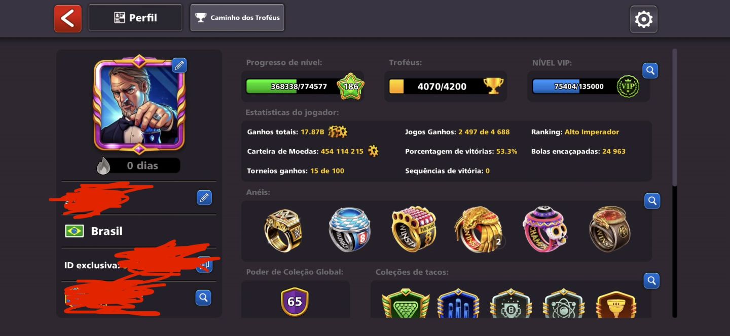 CONTA 8 BALL POOL, LVL 186, FULL LENDÁRIA, +450M FICHAS, +60 AVATARES, 200 NOTAS