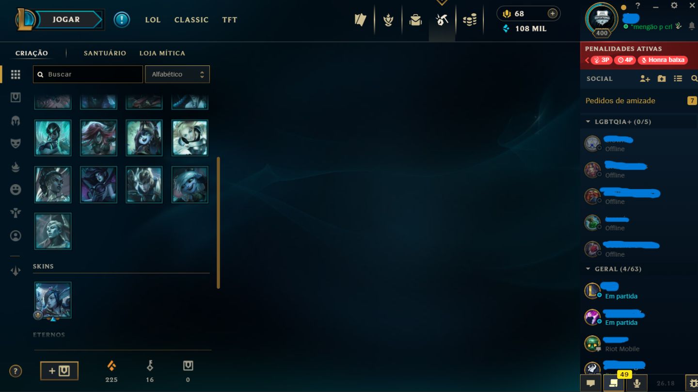 Conta LoL Ouro IV | Full champs | 178 Skins | Nível 400 | Full acesso