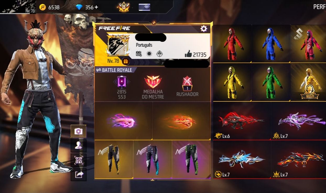 Conta Free Fire com Primeiro Passe, 900+ Peitorais Prime 8, Tropa de Exploração