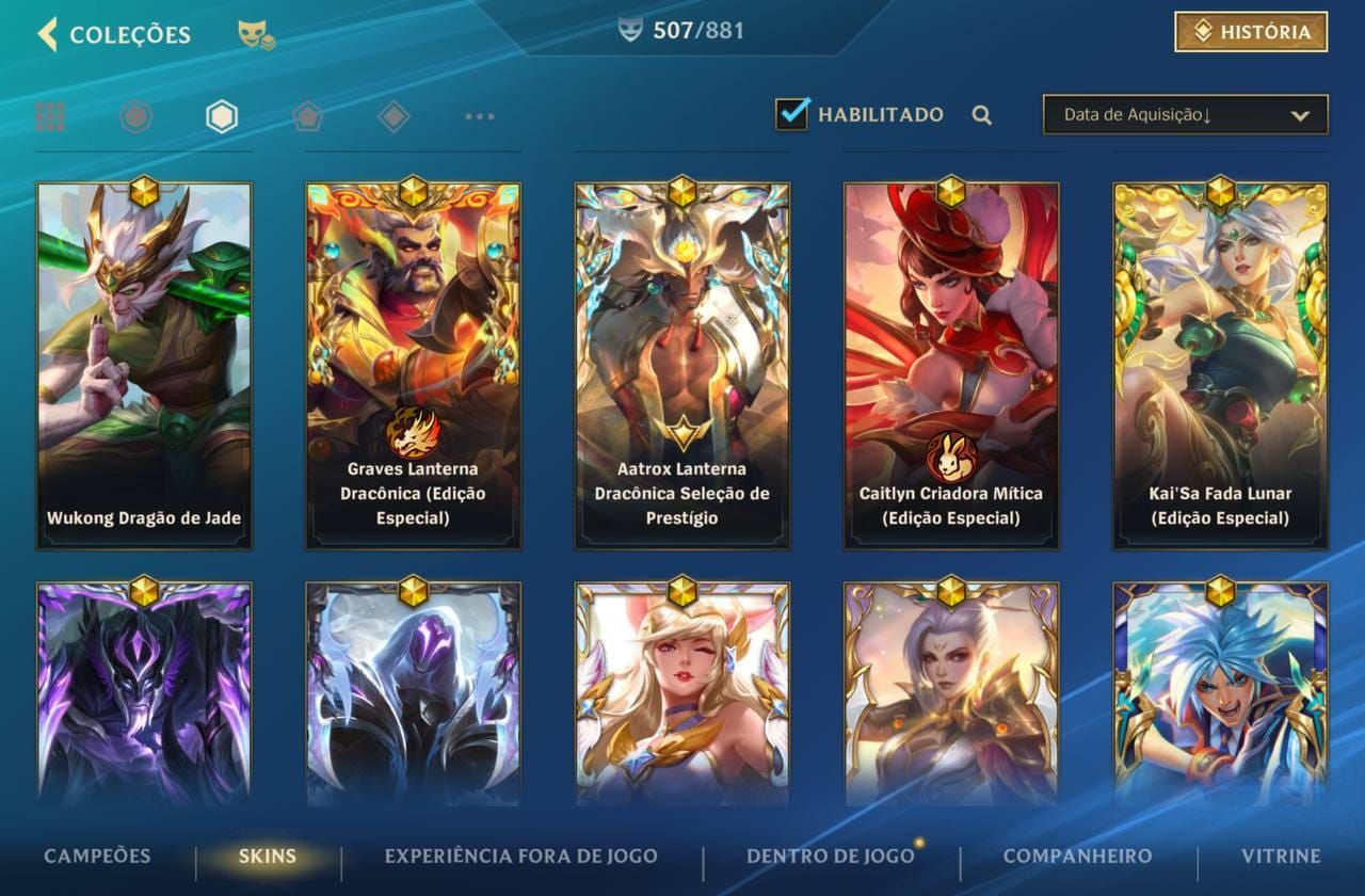 507 Skins| 15 Míticas |64 Lendárias|290 Épicas |Lv 226 |87,2K Coleção| 1978 dias