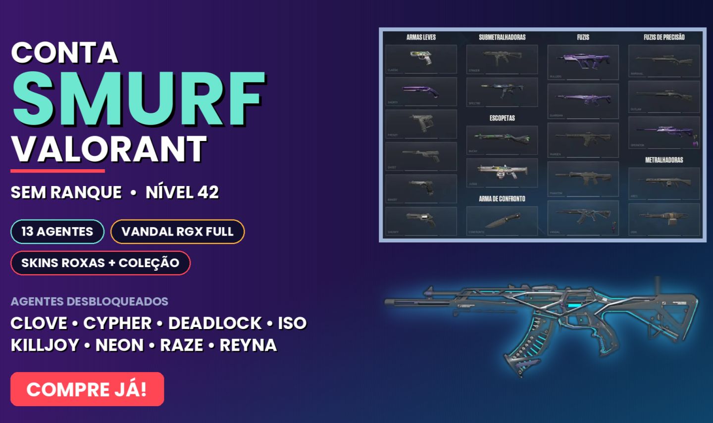 CONTA SMURF VALORANT | SEM RANQUE | NÍVEL 42