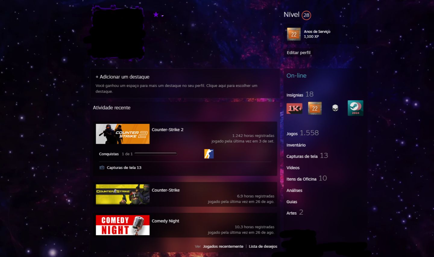Conta de CS2 22 Anos Steam, 1.5k de jogos e 8 Medalhas no CS2
