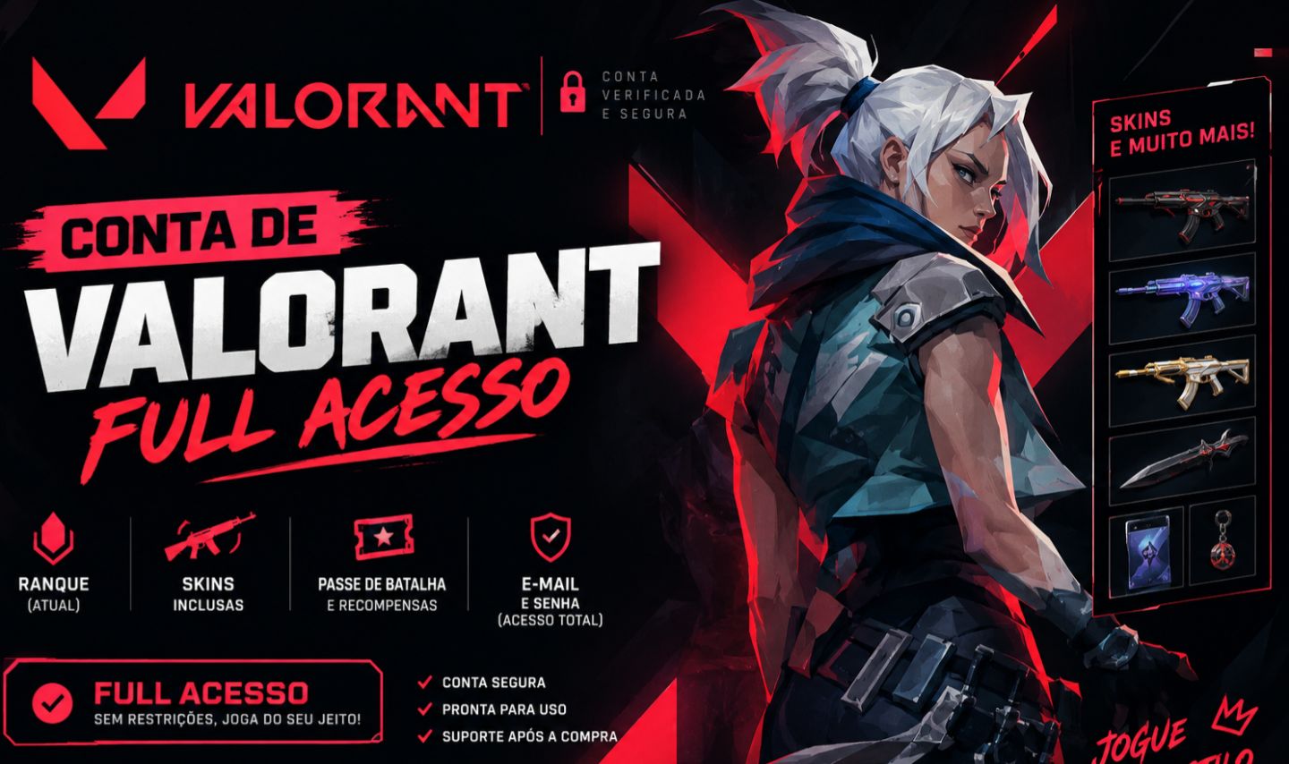 CONTA VALORANT TODOS PERSONAGENS LIBERADOS E RANKED + SKINS (FULL ACESSO)
