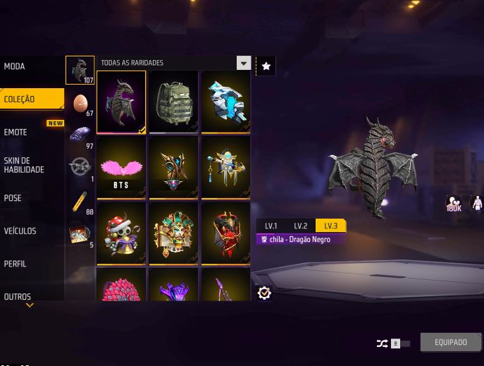 CONTA FREE FIRE COM VARIAS SKINS (UMP VERMELHA, CABELO ROSA, SOMBRA ROXA)