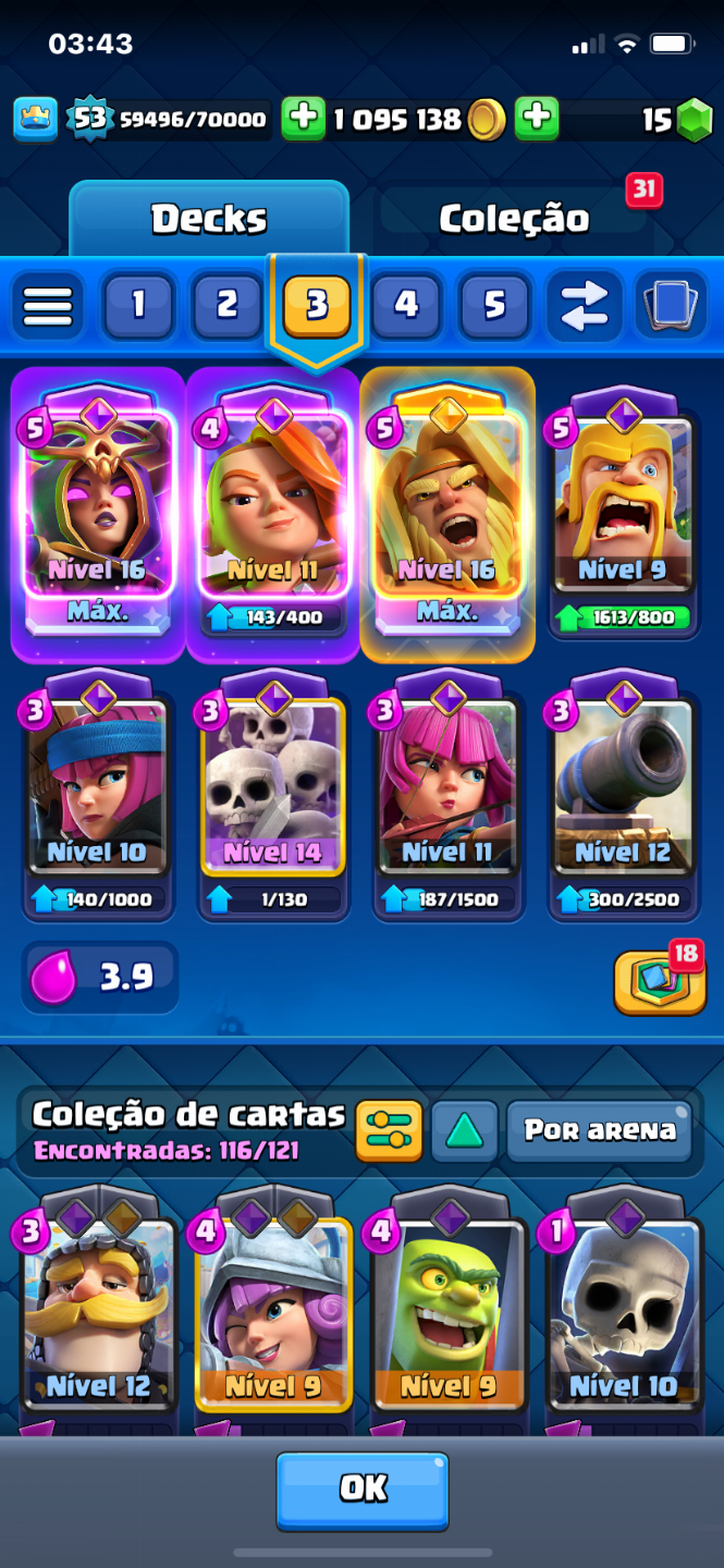 CONTA CLASH ROYALE ARENA 23, 8 EVOLUÇÕES, BRUXA E GIGANTE HERÓI LEVEL 16