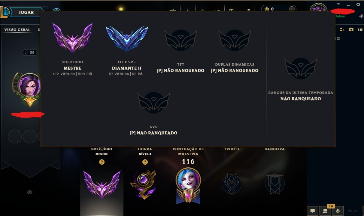 Conta Mestre SoloQ 894 PDL Main ADC - Honra 5