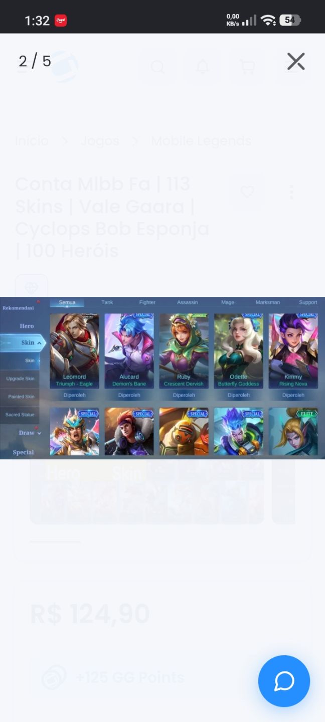 Conta Mlbb quase Full - vale Gara, Bob esponja, seiya