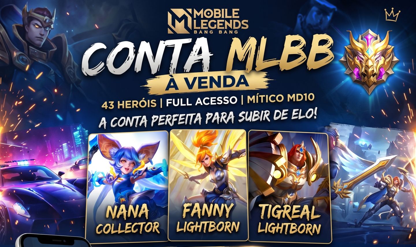 MLBB MÍTICO MD10 NANA COLLECTOR+FANNY&TIGREAL LIGHTBORN | 43 HERÓIS-FULL ACESSO