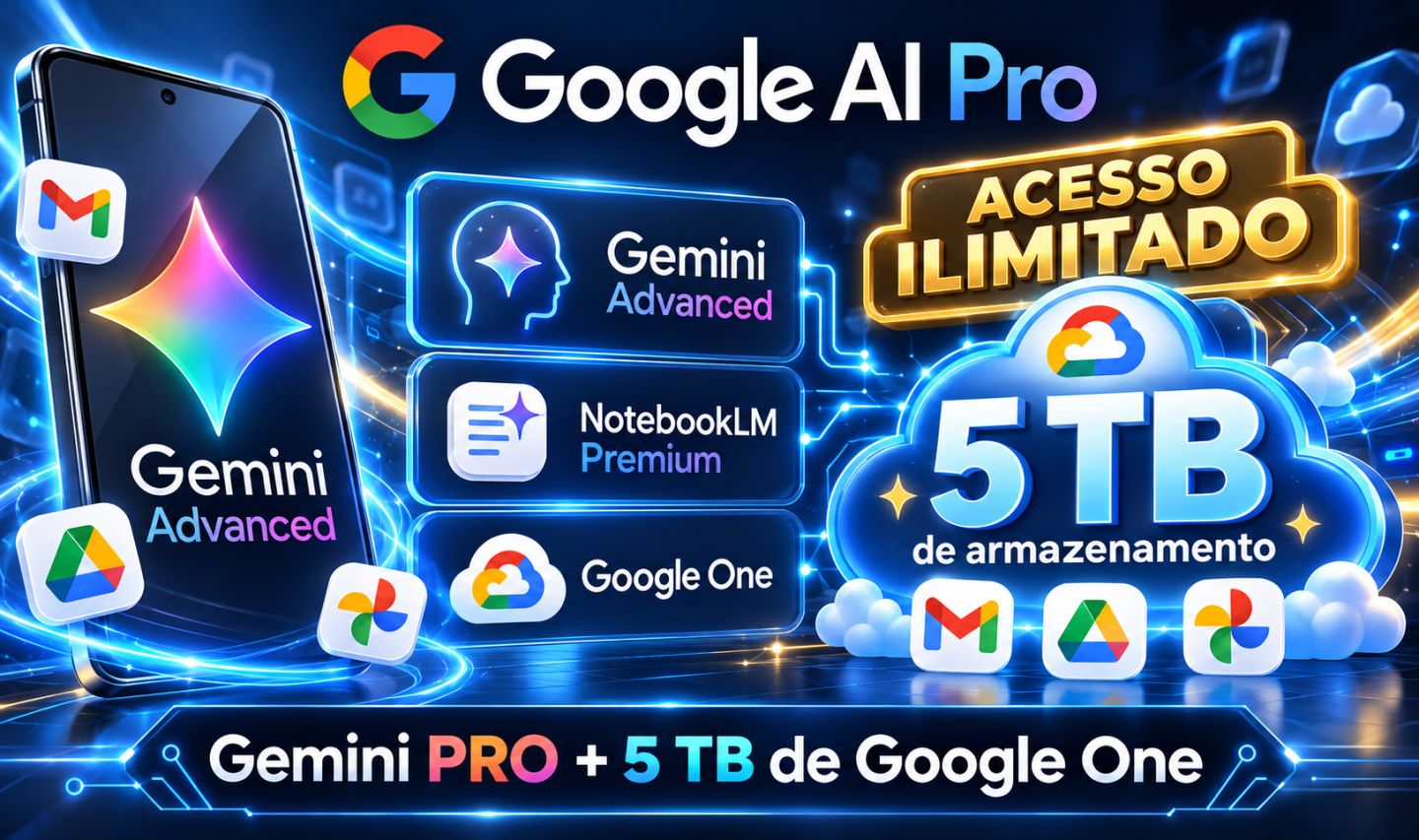 Google Gemini Pro + 5TB Google One Link Oficial | Ativa no Seu Próprio Gmail