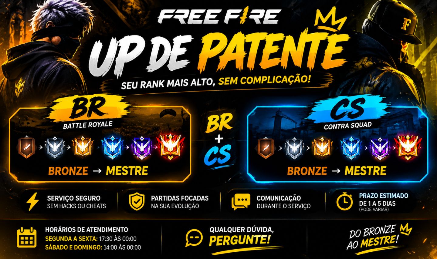 SERVIÇOS ELO JOB UP DE PATENTE FREE FIRE | BR + CS | RÁPIDO E SEGURO