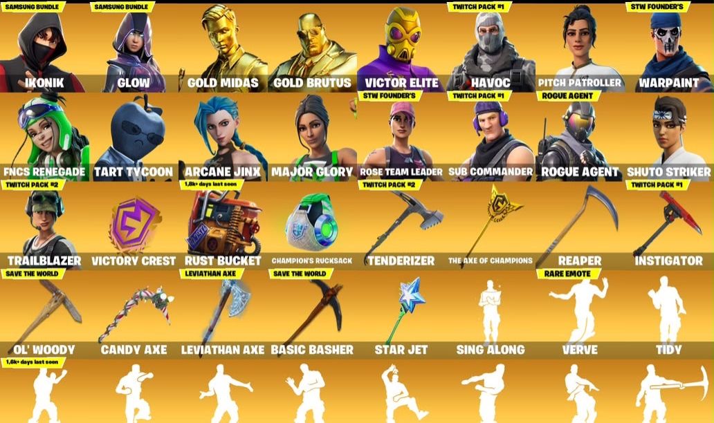 FORTNITE FULL ACESSO | 394 SKINS | IKONIK + GLOW + GOLD MIDAS | 239 DANÇAS |