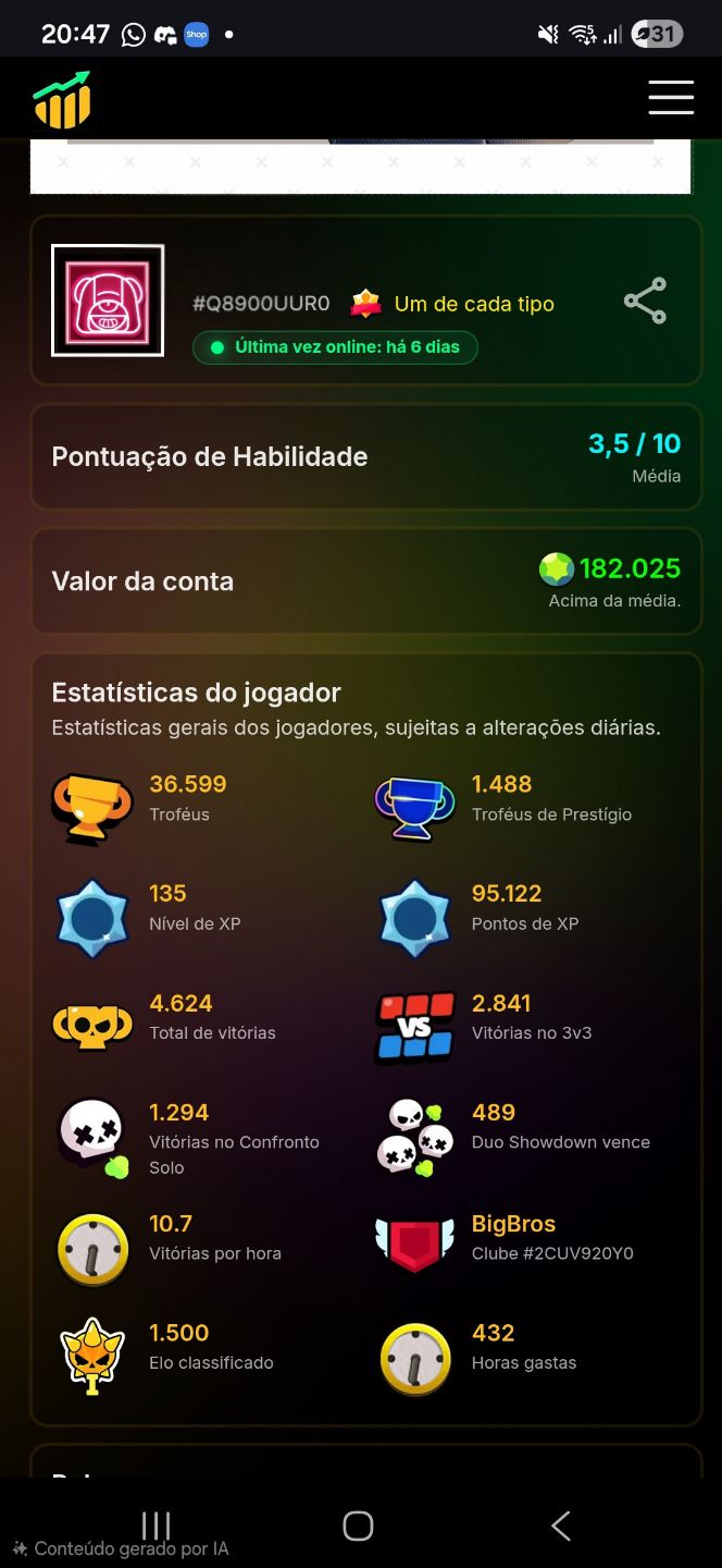 Melhor preço, Conta De Brawl Stars com muitas skins, tendo 10 skins raríssimas.