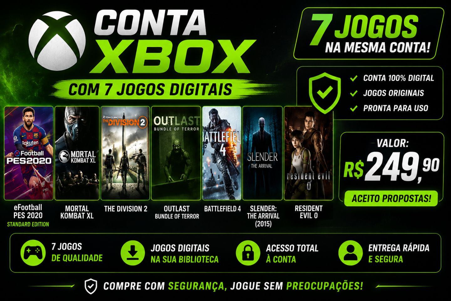 CONTA XBOX COM 7 JOGOS DIGITAIS | PES 2020 + MK XL + BATTLEFIELD 4 + RE0