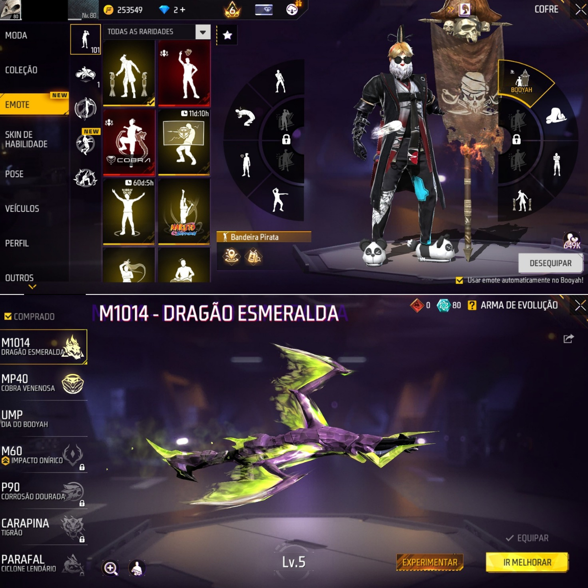 CONTA FREE FIRE LVL 80 COM DIVERSOS ITENS E PASSES ANTIGOS