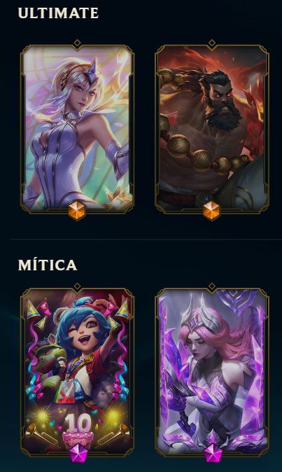 CONTA D1 MAIN SUP, COM SKIN PYKE EMPIREO, LEONA CRYSTALIS MOTUS E ANNIEVERSARIO