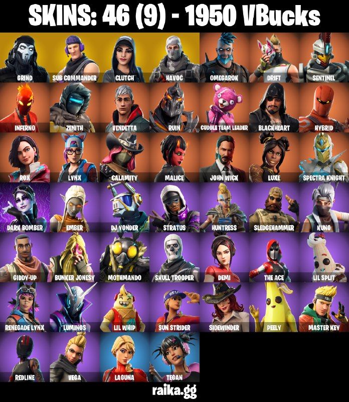 46 Skins - Grind, Sub Commander, Clutch, Havoc, Drift, 1950 vbucks