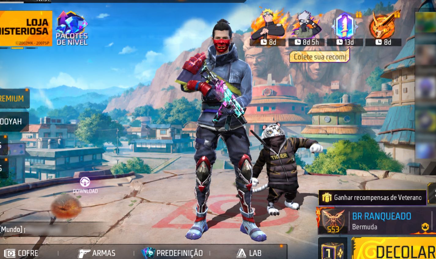 Conta Free Fire nível 51, várias skins de armas, paredes de gel e diversos itens