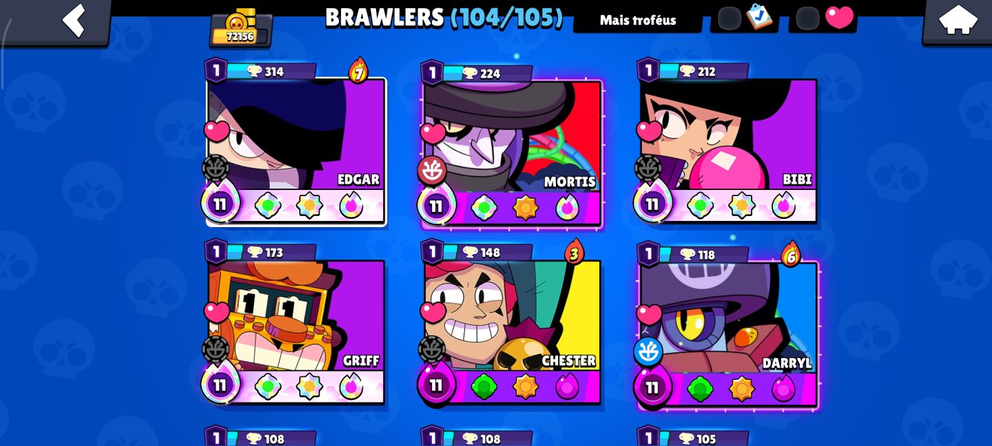 Conta Brawl Stars | 72k de Troféus | 104 brawlers | 35 Hypercargas | 214 skins