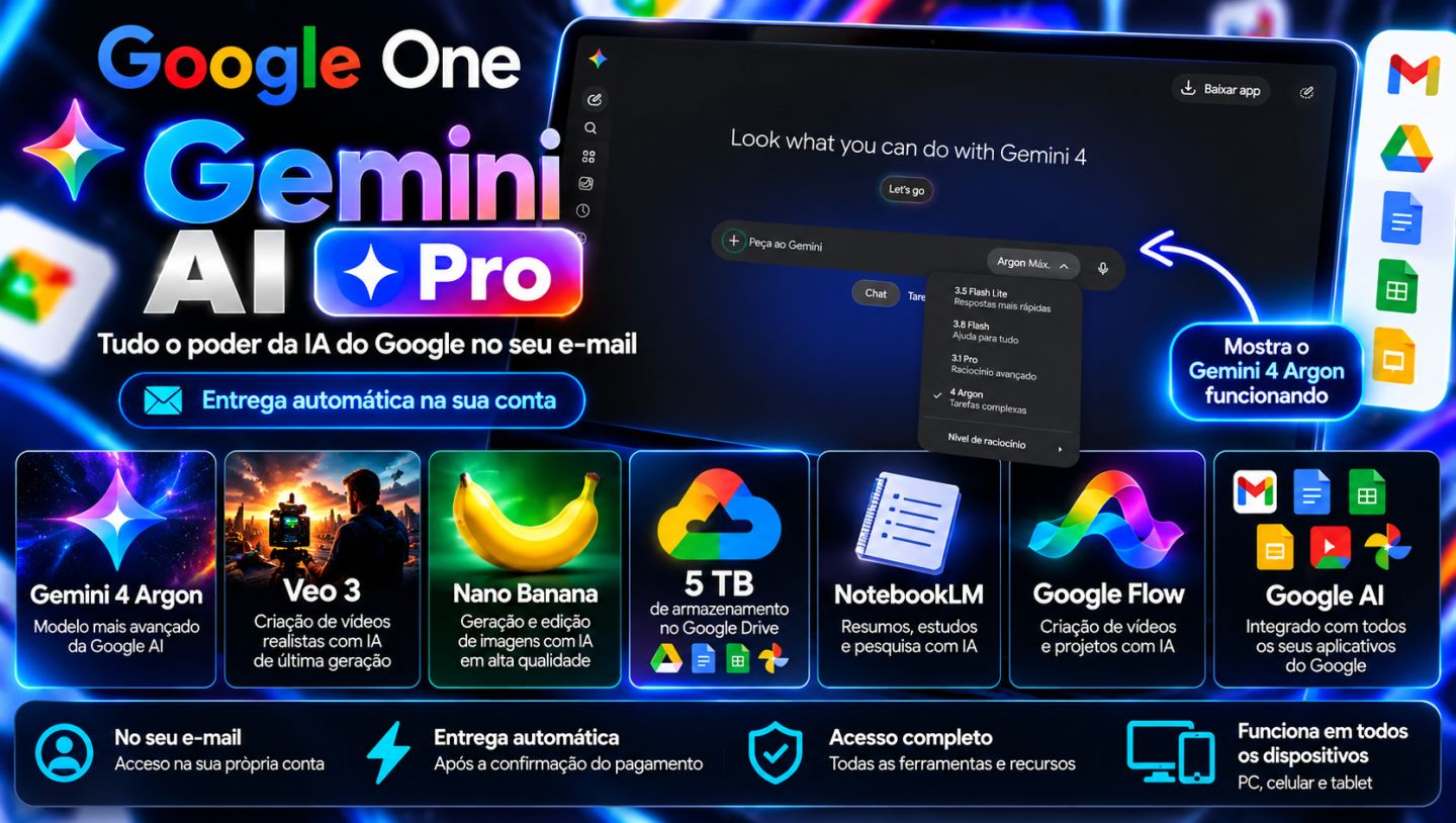[Entrega Automática] Gemini Pro Argon Máx + 5TB + Veo 3 | Ativação no seu Email