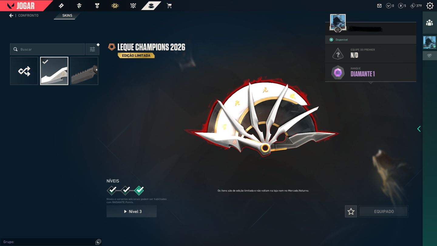 CONTA VALORANT DIAMANTE 1 COM VANDAL HEROI VALOROSO E PACOTE CHAMPIONS 2026