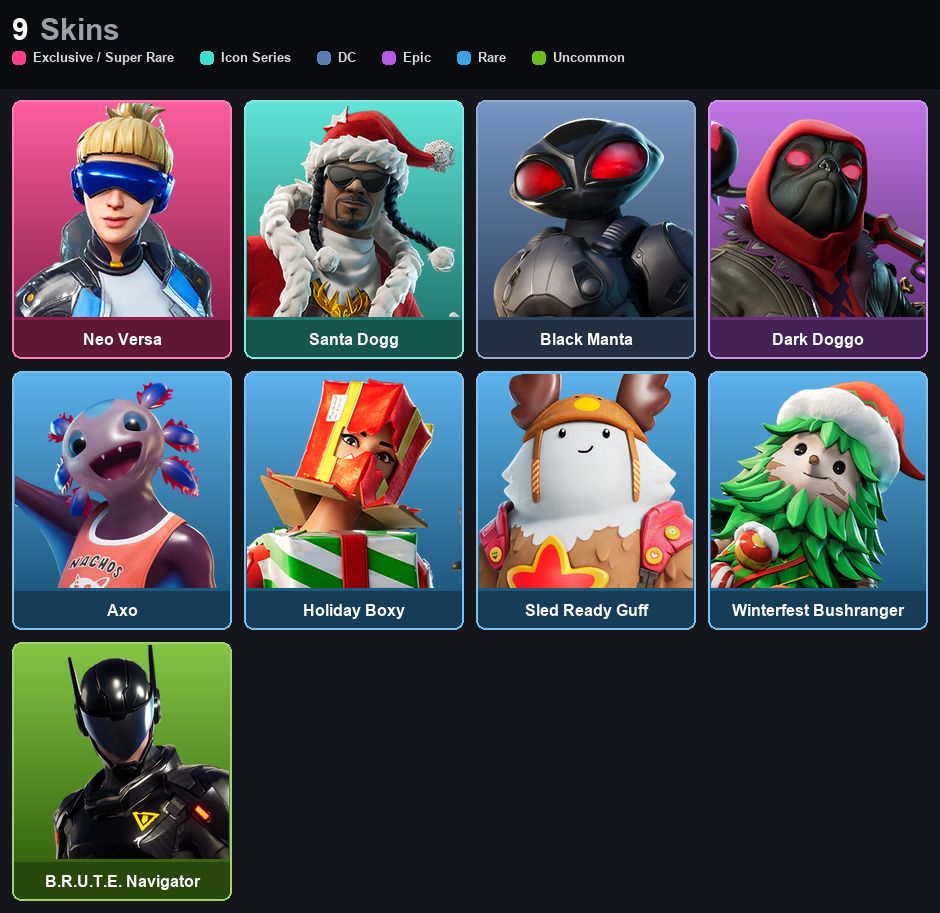 Conta 9 Skins - NEO VERSA - SANTA DOGG - DARK DOGGO - BLACK MANTA - AXO