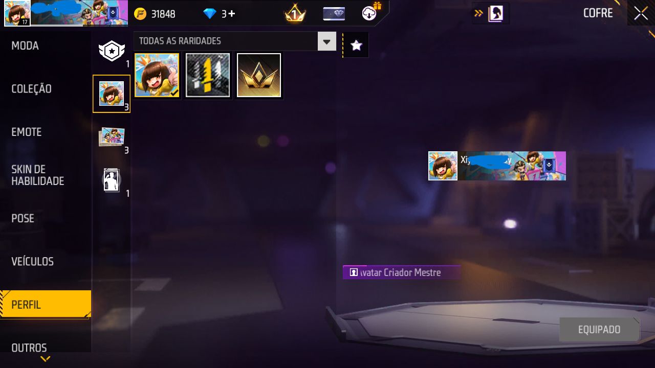 CONTA FREE FIRE SKIN ISAGUI PLATINA COM NICK COLORIDO
