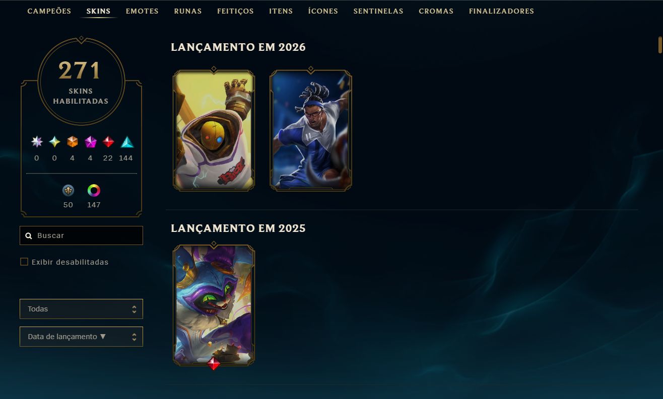 League of Legends | Conta Colecionador | 271 Skins | 630 Icones Todos os Champs