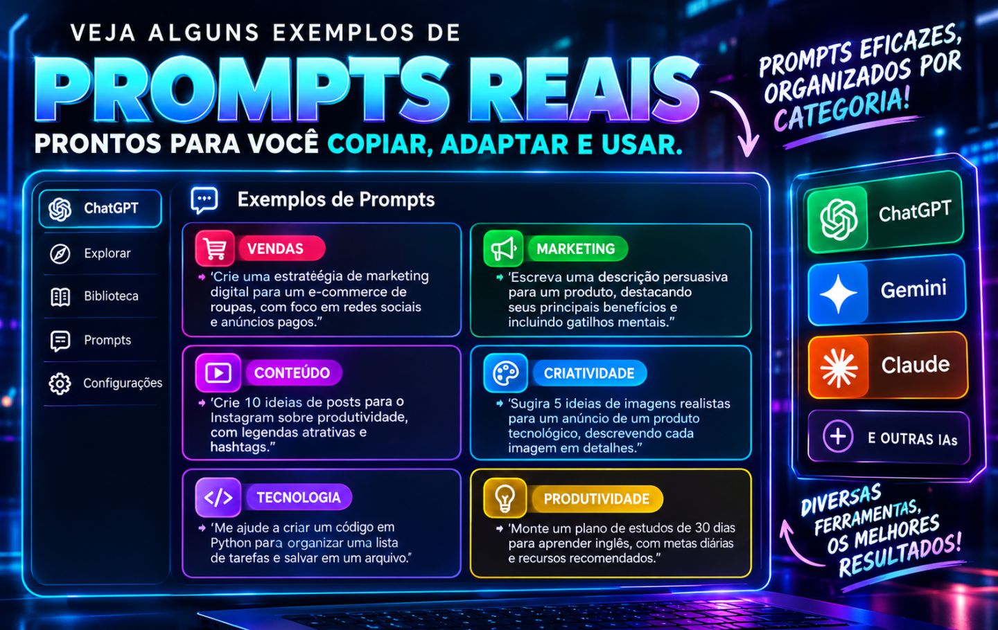 1.000+ Prompts para IA | Criar, e Trabalhar | ChatGPT + Gemini + Claude