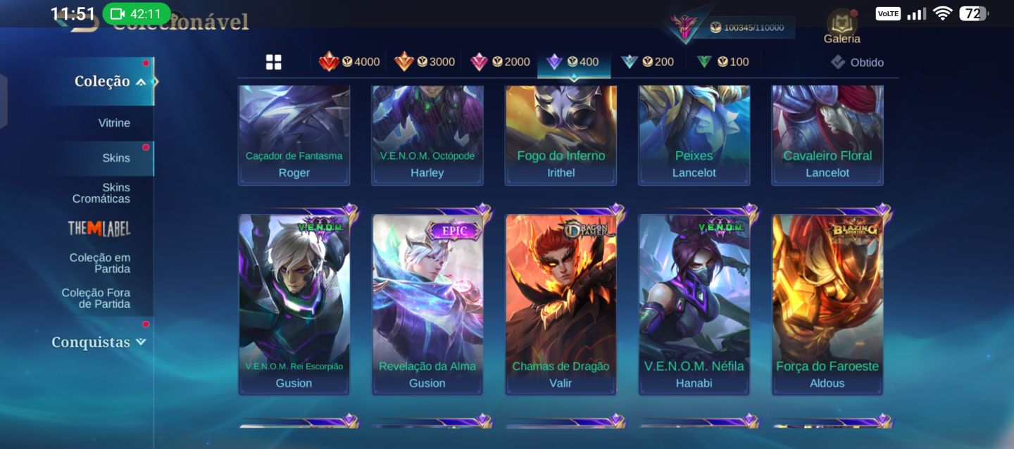 Conta Mlbb 279 skins, 5 skins kof 1 legend