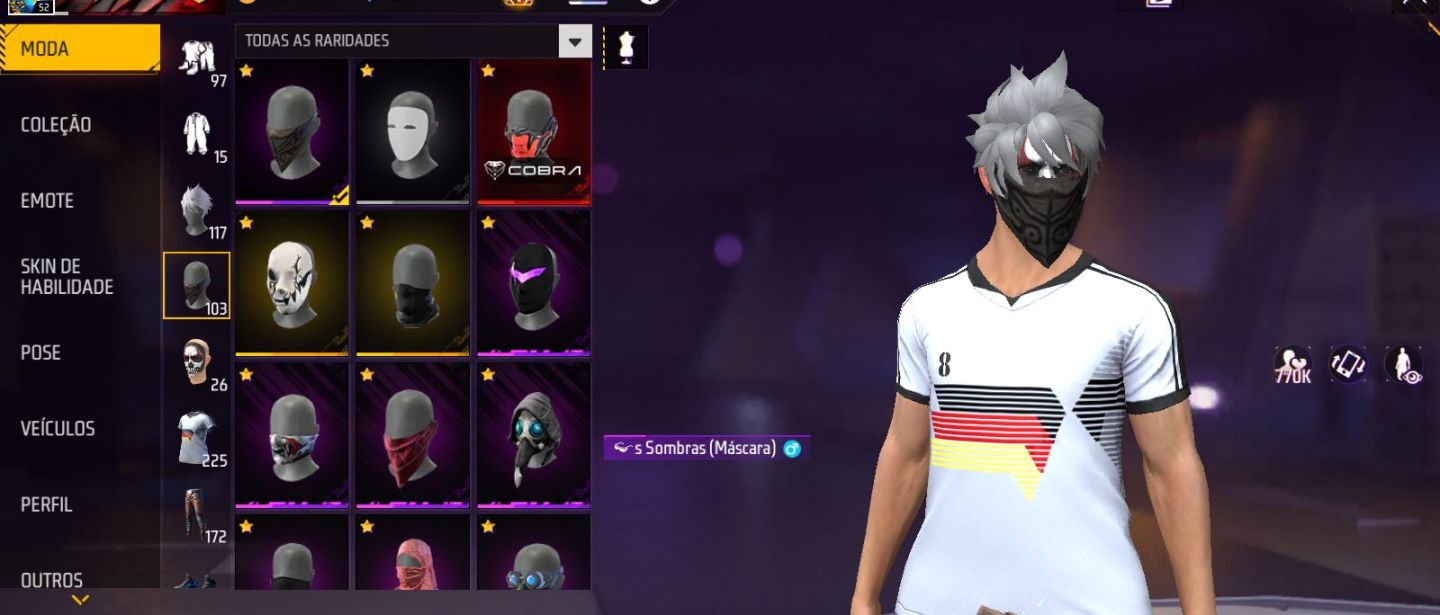 Conta de free fire com sombra roxa, aventureiro, coelhao e muita coisa antiga