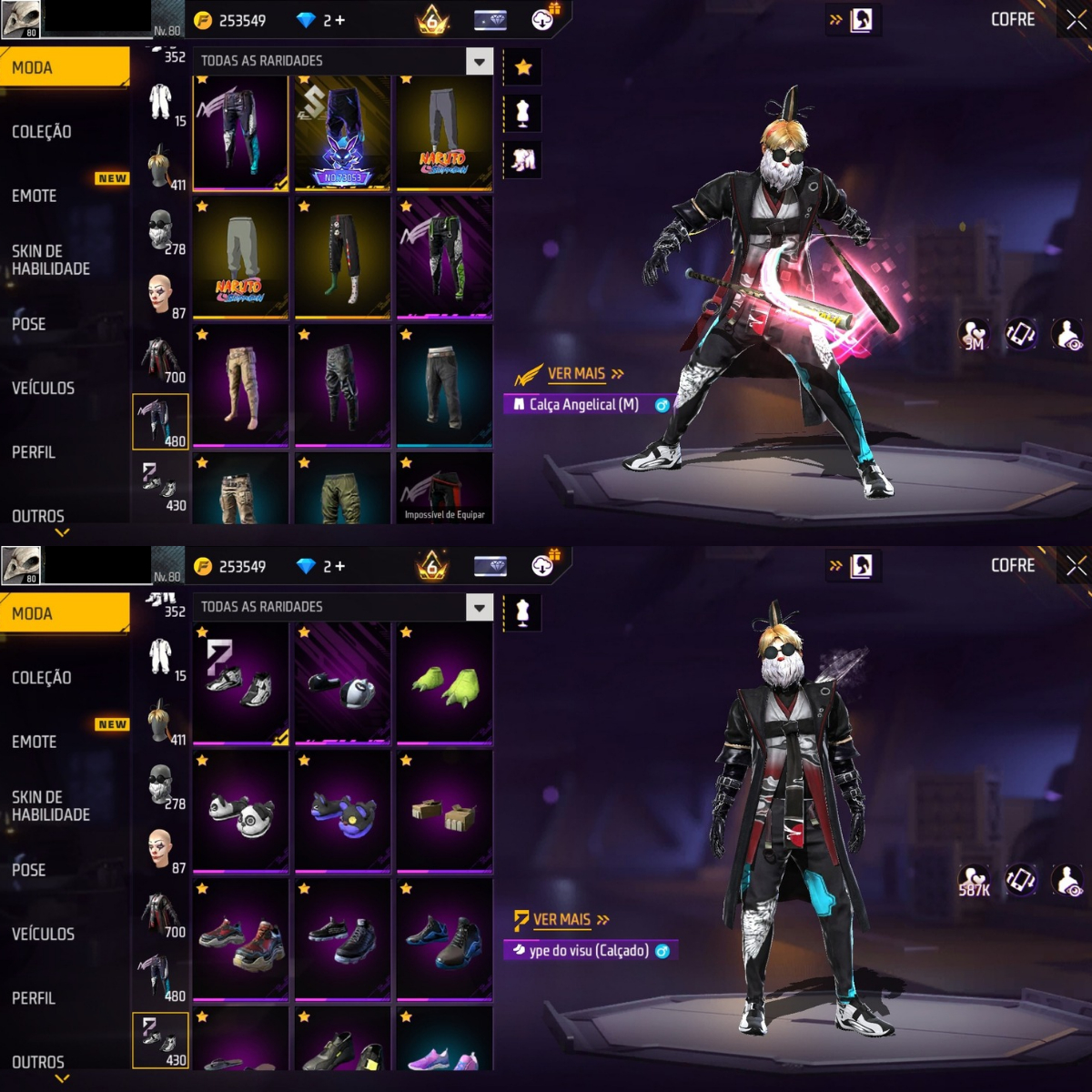 CONTA FREE FIRE LVL 80 COM DIVERSOS ITENS E PASSES ANTIGOS