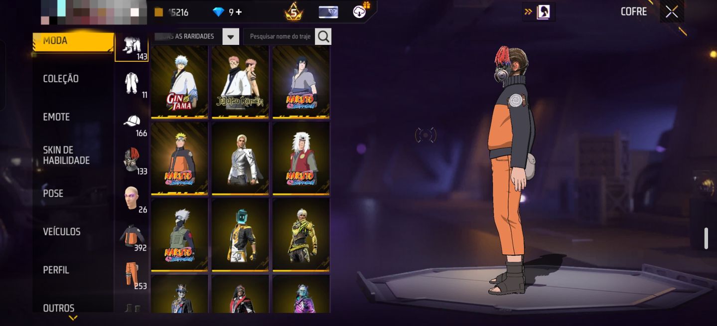 Conta freefire com todas as skins da primeira parte naruto