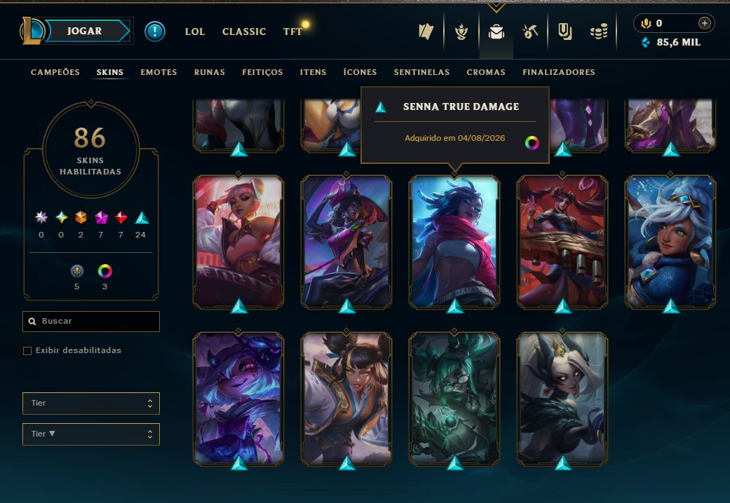 Conta de Lol com 45 skins, 2 ultimates, 7 míticas, 7 lendárias e varias épicas