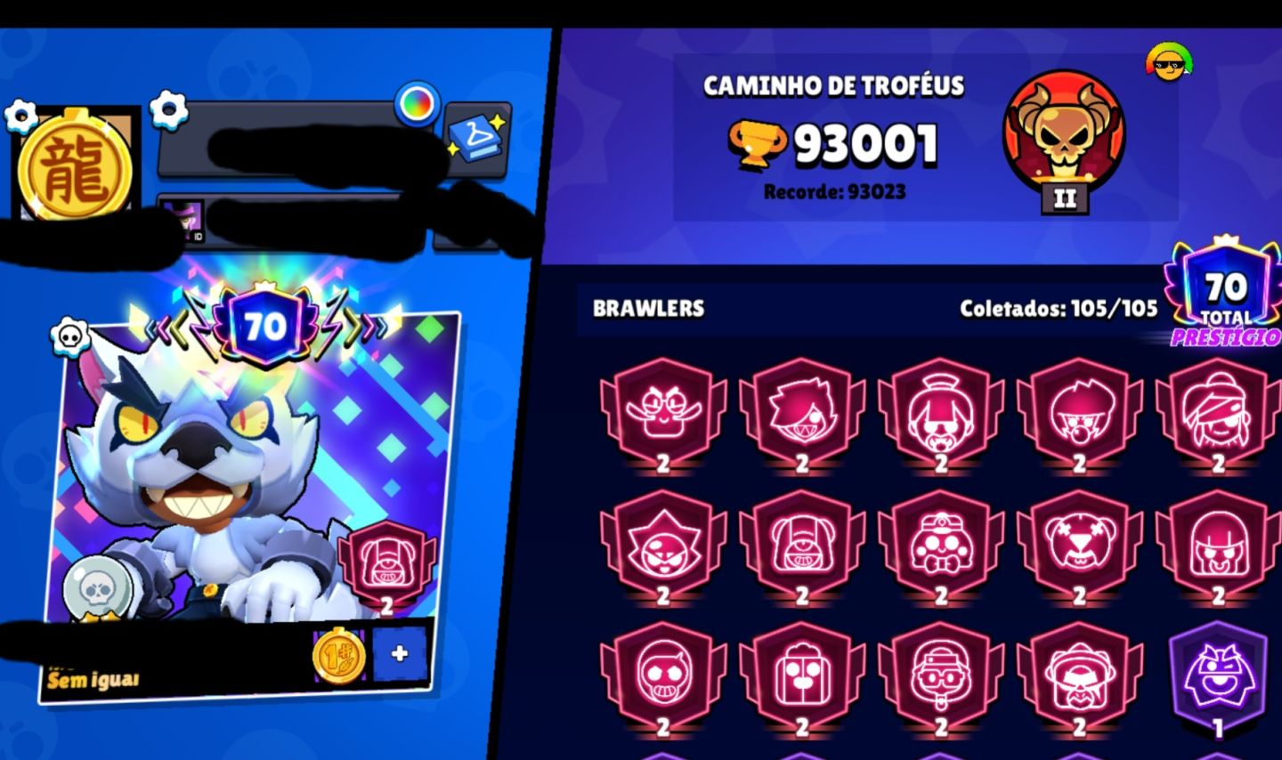 CONTA BRAWL STARS 93K+ TROFÉUS | 105 BRAWLERS | 49 HIPERCARGAS | 249 SKINS